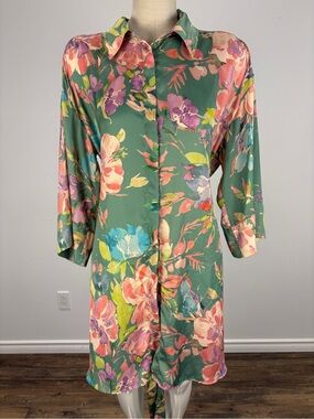 Zara Floral Satin Effect Mini Shirt Dress - Green/Pink L ❤️